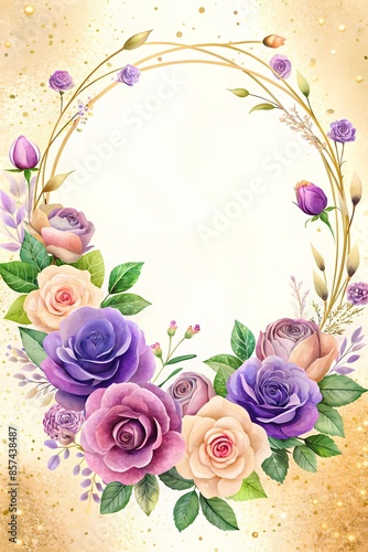 Floral Border Design with Golden Frame for Invitations or Stationery