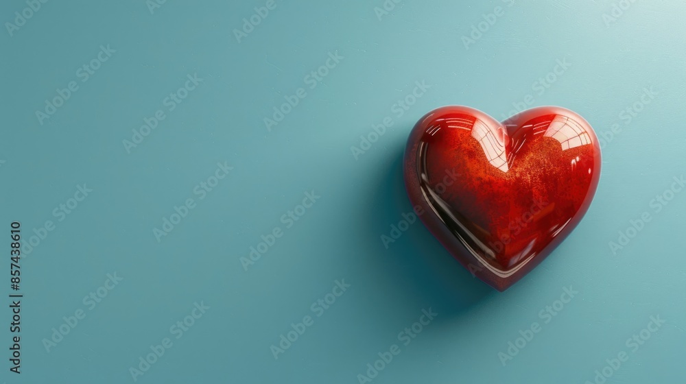 A red heart shaped object sits on a blue surface, perfect for romantic or Valentine's Day themes A red heart shaped object sits on a blue surface, perfect for romantic or Valentine's Day themes