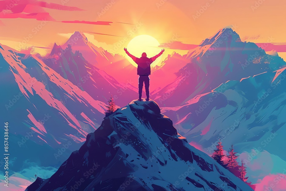 Positive man celebrating on mountain top, with arms raised up Positive man celebrating on mountain top, with arms raised up