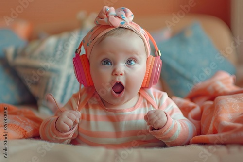 cheerful surprised baby 6 months old wearing headphones to listen to music