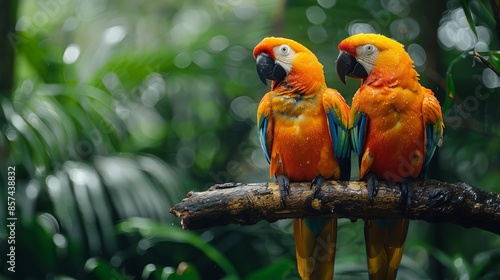Long Shots , Tropical birds sitting on a tree branch in the rainforest