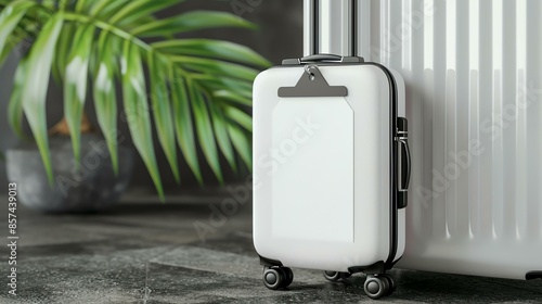 White suitcase with blank tag standing near the houseplant. Dark background. 3d rendering. photo