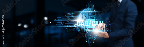 Canvas-taulu CAD/CAM Technology Concept: Businessman Using Tablet on Network Structure, Enhancing Efficiency and Innovation on Global Business Network