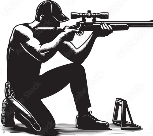 Trap shooting, aiming athlete with gun, black color silhouette