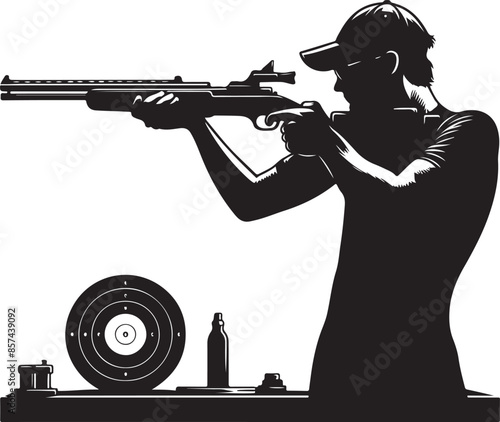 Trap shooting, aiming athlete with gun, black color silhouette