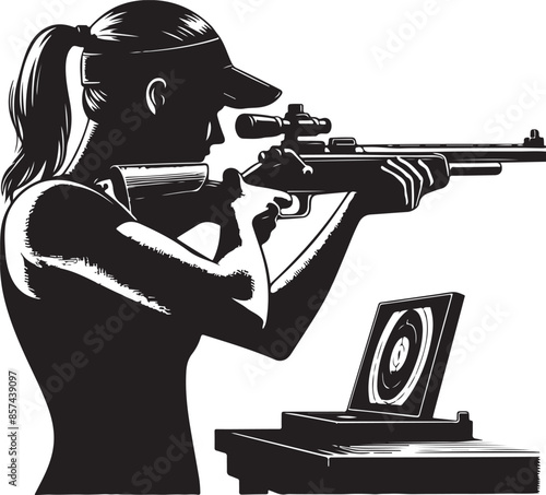 Trap shooting, aiming athlete with gun, black color silhouette