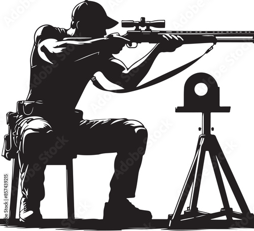 Trap shooting, aiming athlete with gun, black color silhouette