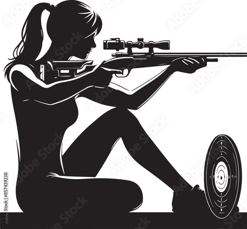 Trap shooting, aiming athlete with gun, black color silhouette