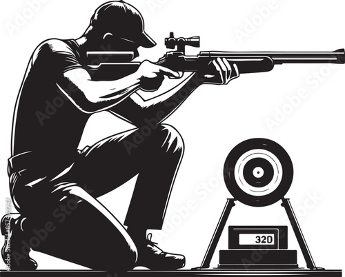 Trap shooting, aiming athlete with gun, black color silhouette