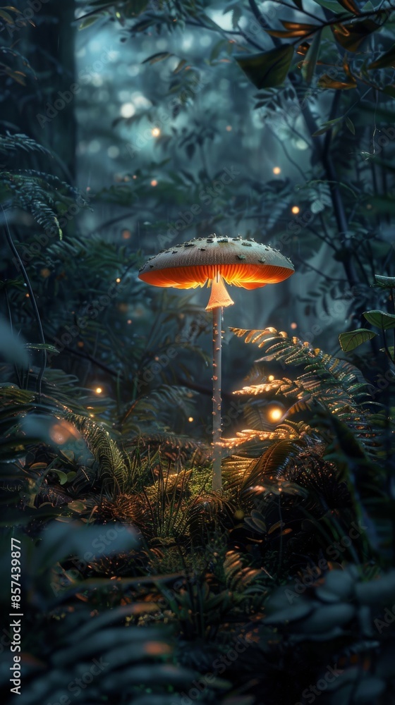 Fototapeta premium Glowing mushroom in a lush forest at dusk, magical and enchanting atmosphere