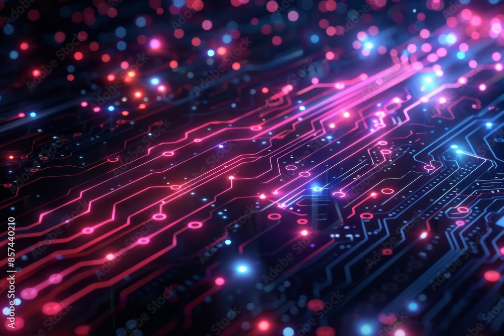 Futuristic Circuit Board with Glowing Red and Blue Lights Futuristic Circuit Board with Glowing Red and Blue Lights