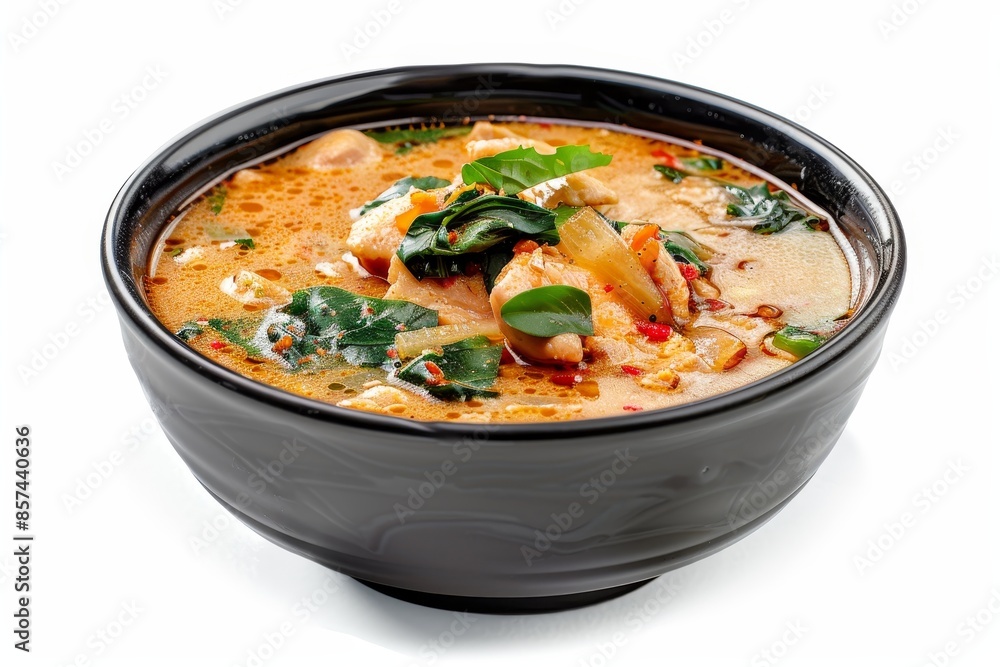 Thai chicken Tom Yum soup in black bowl on white background Thai chicken Tom Yum soup in black bowl on white background