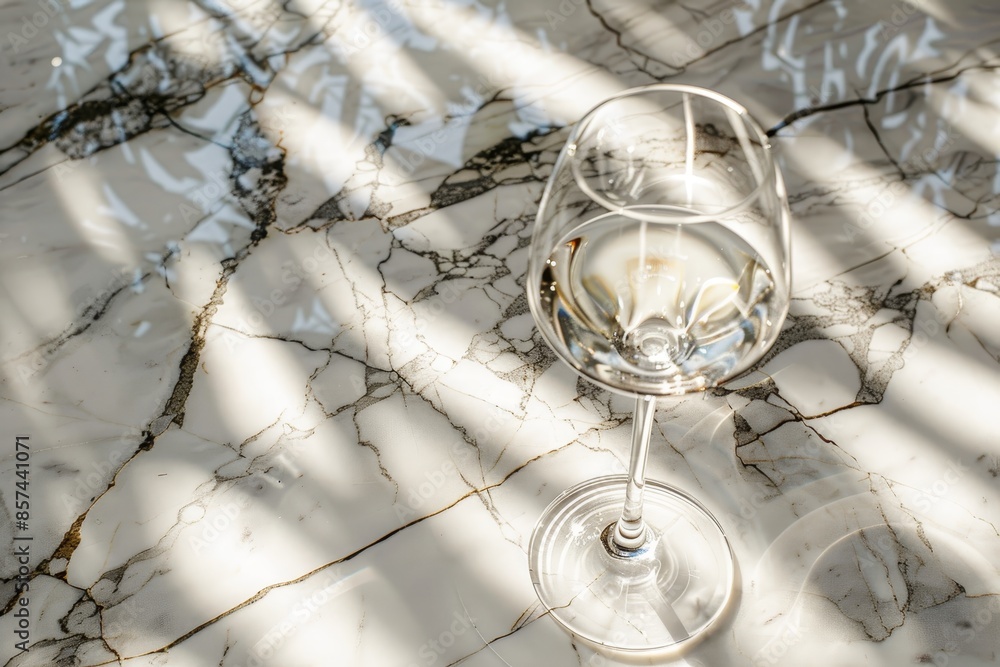 Top down shot of wine glass and water on marble table in sunlight Top down shot of wine glass and water on marble table in sunlight