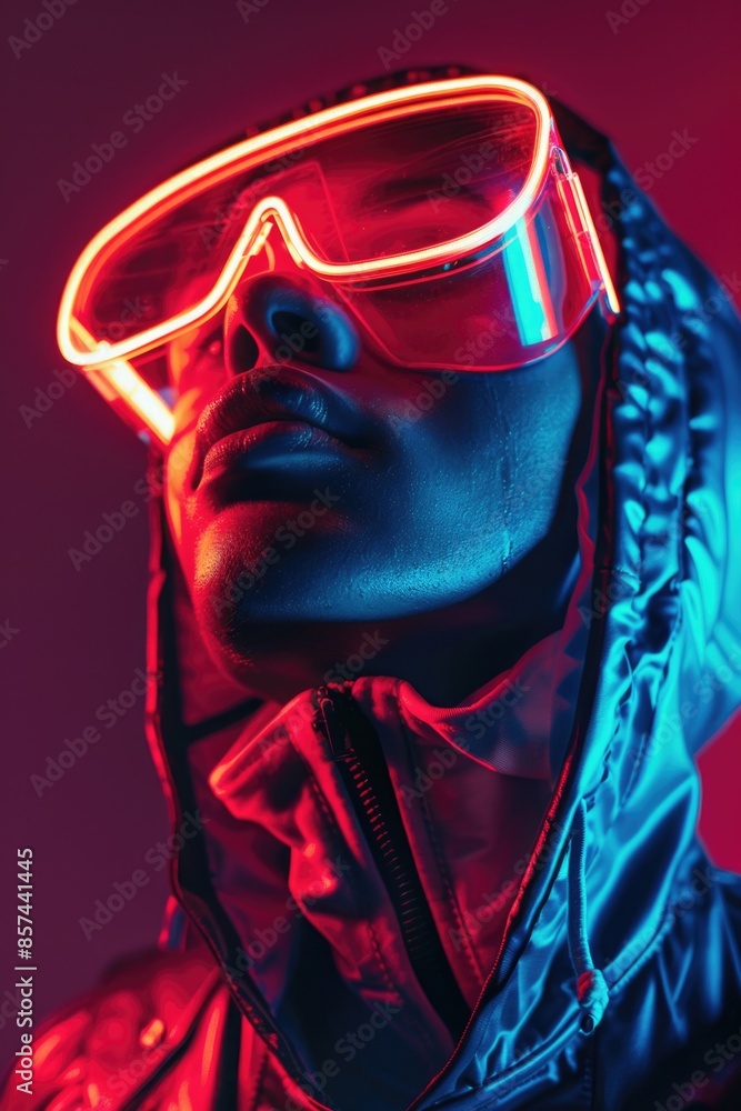 A person wearing neon glasses and a jacket, perfect for nighttime or outdoor use A person wearing neon glasses and a jacket, perfect for nighttime or outdoor use