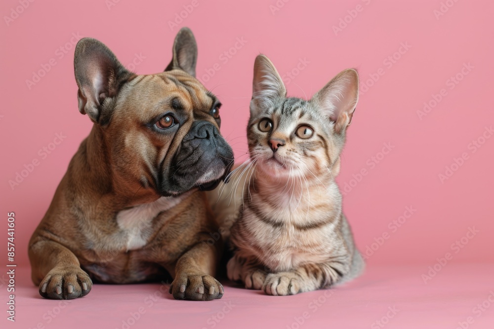 Obraz premium French Bulldog and Tabby Cat on Pink Background