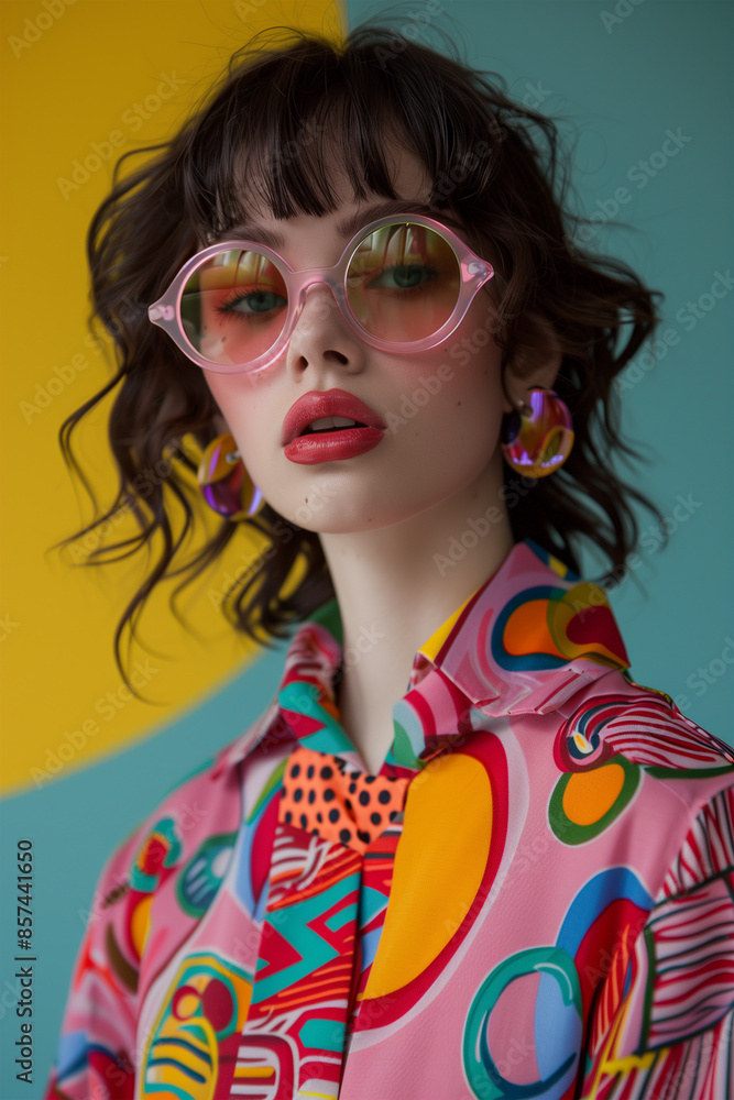 Fashionable Woman Wearing Sunglasses and a Geometric Patterned Outfit in Vibrant Summer Colors, Highlighting Trendy Summer Style. Fashionable Woman Wearing Sunglasses and a Geometric Patterned Outfit in Vibrant Summer Colors, Highlighting Trendy Summer Style.