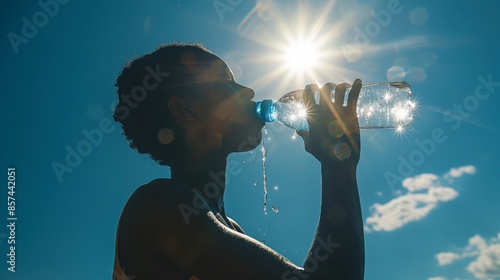 Silhouette of a person drinking water from a bottle with sunlight shining in the background, hot summer season