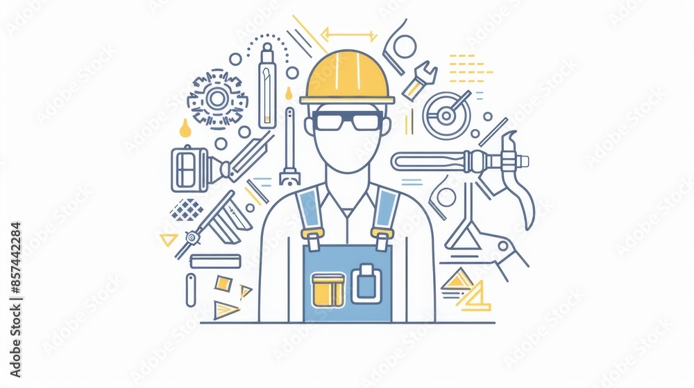 A line drawing illustration of a mechanic wearing a hardhat and overalls surrounded by tools, representing skilled labor and craftsmanship. A line drawing illustration of a mechanic wearing a hardhat and overalls surrounded by tools, representing skilled labor and craftsmanship.