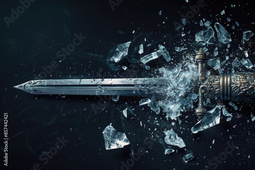 A sword breaks through a frozen wall with force and determination, potentially symbolizing perseverance and strength photo