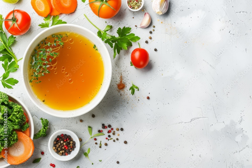 Top view of healthy dinner dish chicken broth with veggies and spices on light background Top view of healthy dinner dish chicken broth with veggies and spices on light background