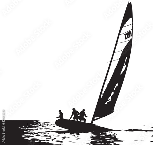 Wind Sailing Sports Silhouette, vector black color silhouette