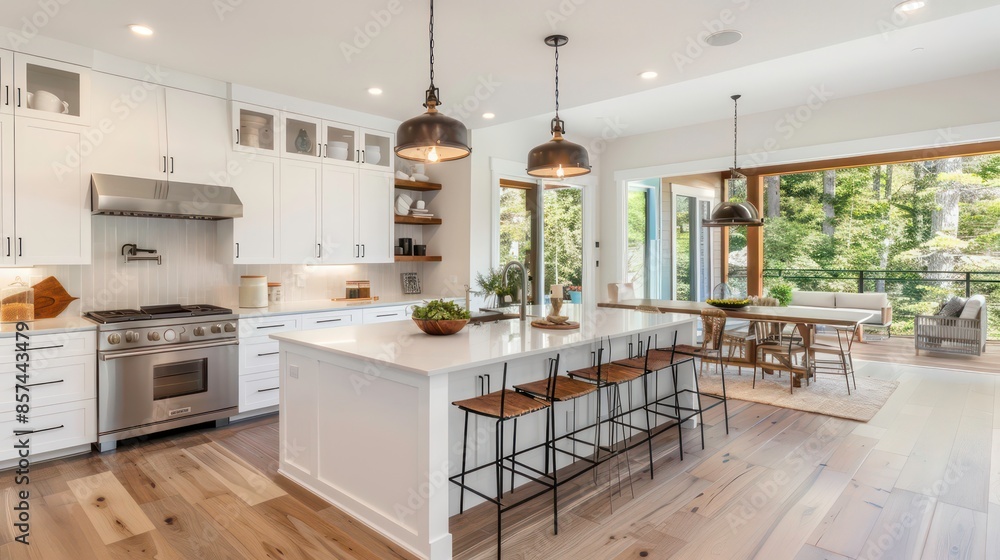 Kitchen interior in beautiful new luxury home with kitchen island and wooden floor, bright modern minimal style, with copy space. Generative AI Kitchen interior in beautiful new luxury home with kitchen island and wooden floor, bright modern minimal style, with copy space. Generative AI