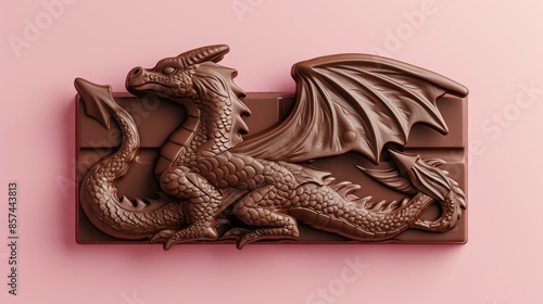 3D rendering of a chocolate bar with a dragon design. The dragon is sitting on the chocolate bar and has its wings spread out.