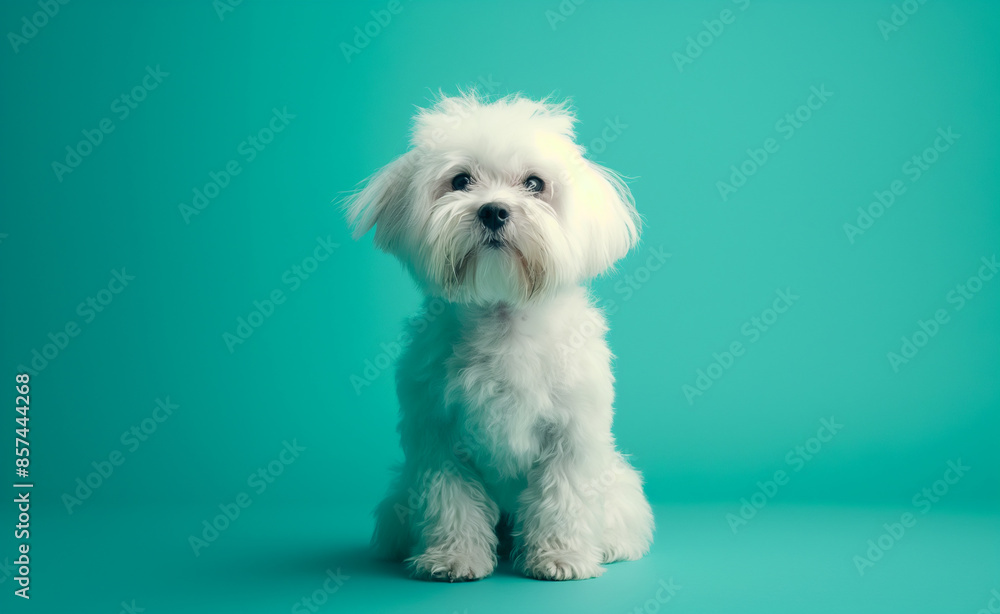Portrait of a small white dog against a teal background. Portrait of a small white dog against a teal background.