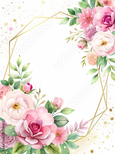 Floral Border with Golden Geometric Frame for Invitations or Stationery