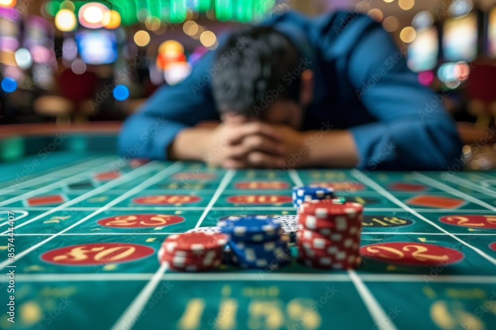 Man in despair at casino roulette table Man in despair at casino roulette table