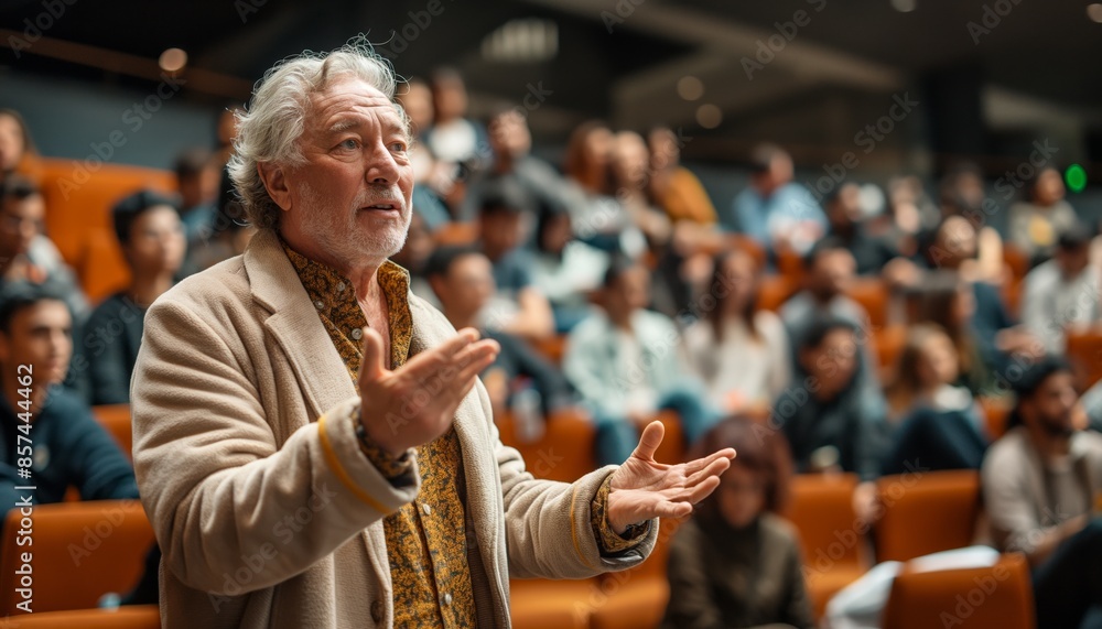 A person speaking to an audience in a conference or seminar setting, engaging with attendees A person speaking to an audience in a conference or seminar setting, engaging with attendees