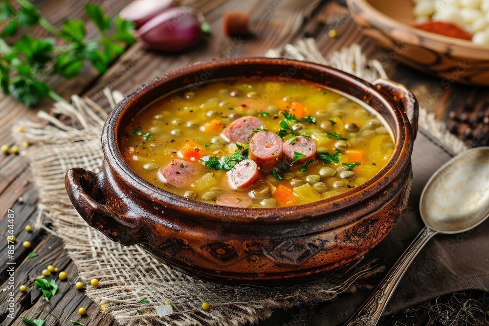 Traditional Dutch pea soup with smoked sausage on a rustic table Traditional Dutch pea soup with smoked sausage on a rustic table