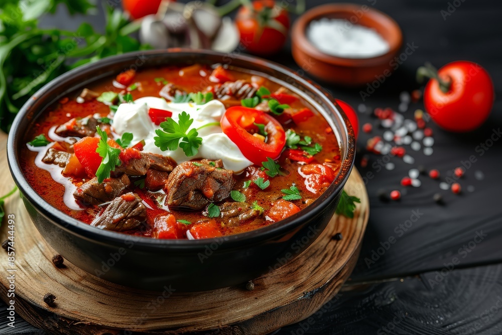 Traditional Hungarian beef goulash soup with tomatoes peppers chili and smoked paprika Traditional Hungarian beef goulash soup with tomatoes peppers chili and smoked paprika
