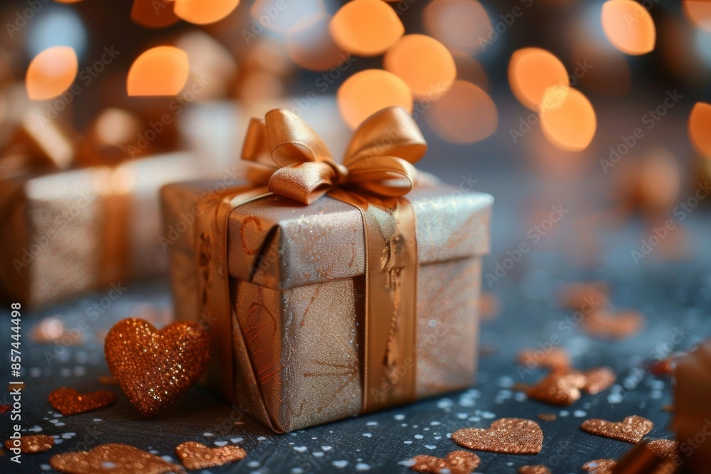 Golden Gift Box with Glittering Hearts Golden Gift Box with Glittering Hearts