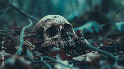 Ancient Human Skull in Forest Setting © Juan