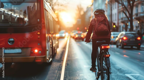 A cyclist rides a bike in the city during rush hour. The cyclist is wearing a helmet and a backpack. photo