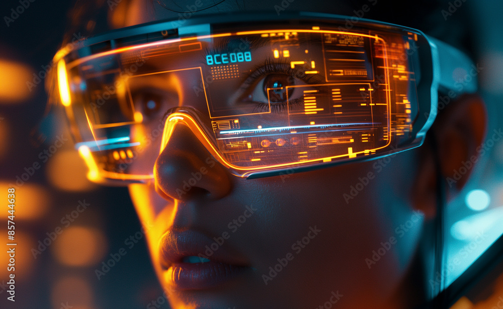 Close-up of a person wearing augmented reality glasses with digital interface. Close-up of a person wearing augmented reality glasses with digital interface.