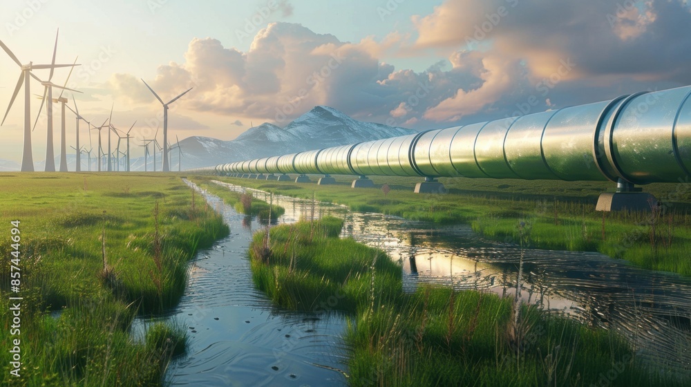 Fototapeta premium A large pipeline crosses a meadow with wind turbines and a stream in the background during a sunset.