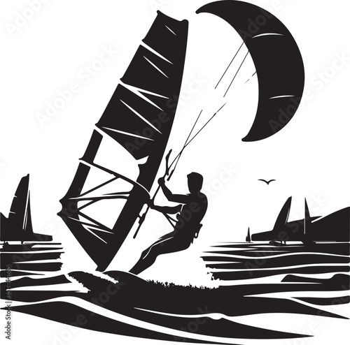 Windsurfing Sailing Kitesurfing, surfing, sport, silhouette. vector black color silhouette