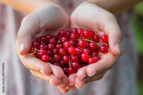 Close-up of hands holding fresh, juicy red currants. Perfect for organic food and healthy living concepts. © Eugen