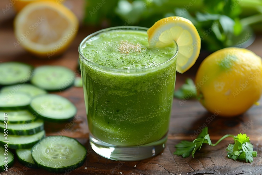 Green Smoothie with Lemon and Cucumber slices Green Smoothie with Lemon and Cucumber slices