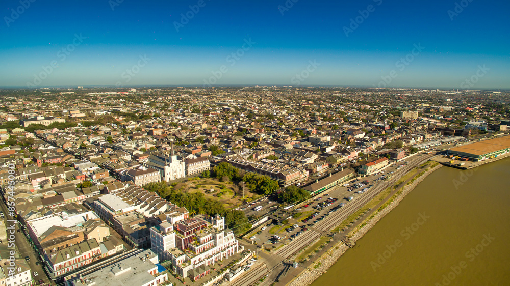 Fototapeta premium New Orleans, Louisiana - Aerial view of cityscape and Mississippi River