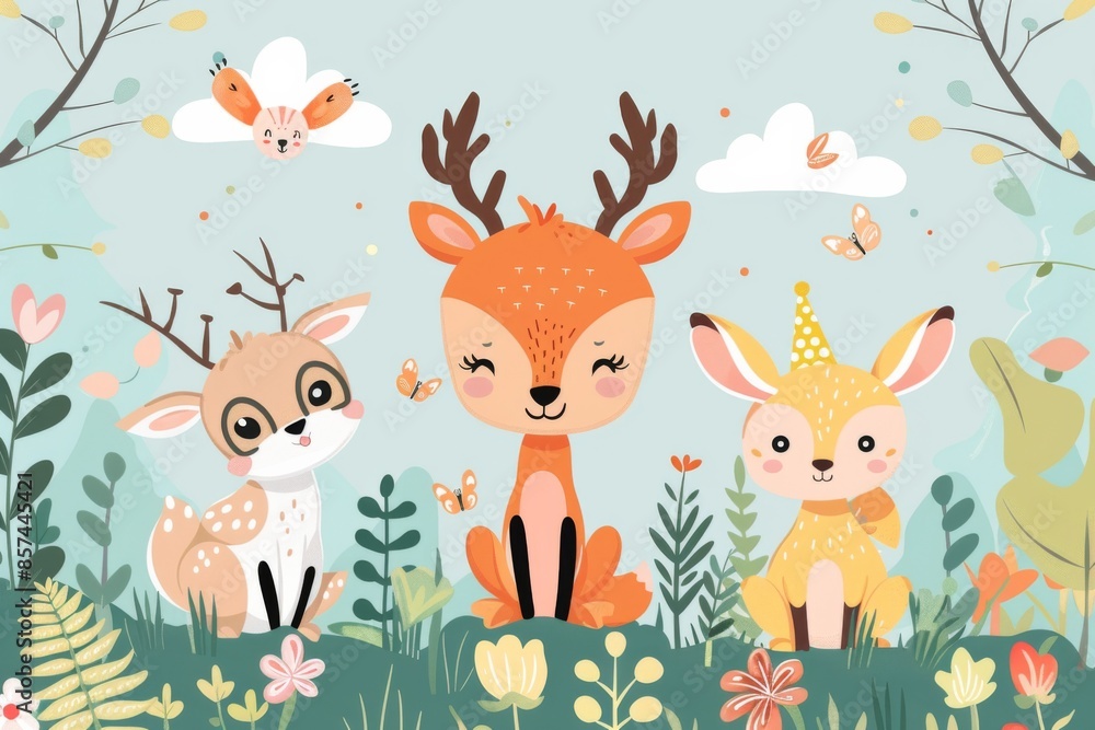 Naklejka premium Cute Cartoon Deer Trio in a Whimsical Forest