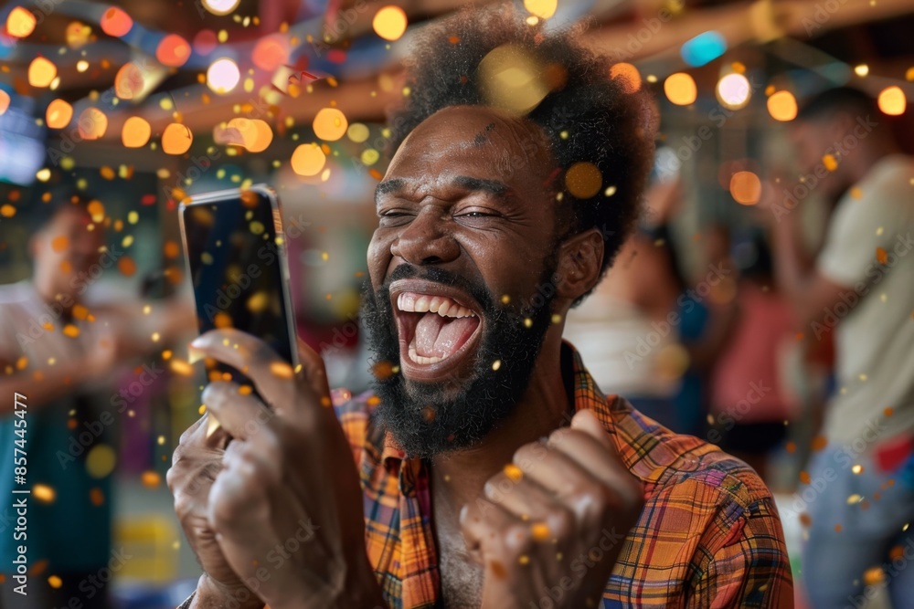 Man Celebrating with Phone at a Party Man Celebrating with Phone at a Party