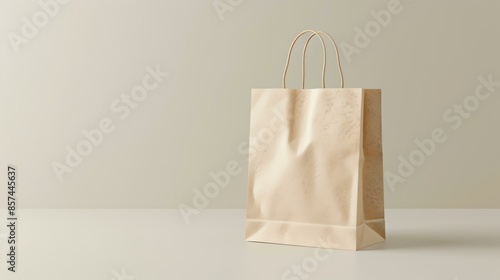 A 3D rendering of a brown paper shopping bag on a beige background. The bag is slightly wrinkled and has a handle.