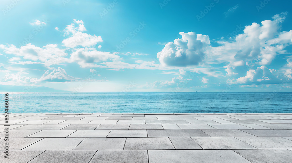 Empty concrete floor and blue sea background Empty concrete floor and blue sea background