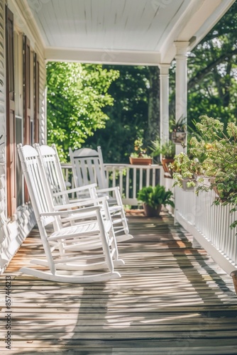 A cozy outdoor setting with rocking chairs and potted plants, ideal for relaxation or socializing © Ева Поликарпова