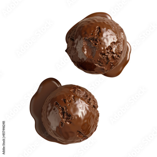 Three chocolate ice cream balls in brown color separated on a transparent background