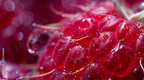 Close-up of a fresh raspberry with water drops on a dark red background.