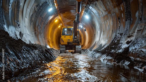 Explorers are investigating a subterranean river flowing through a circular sewer tunnel